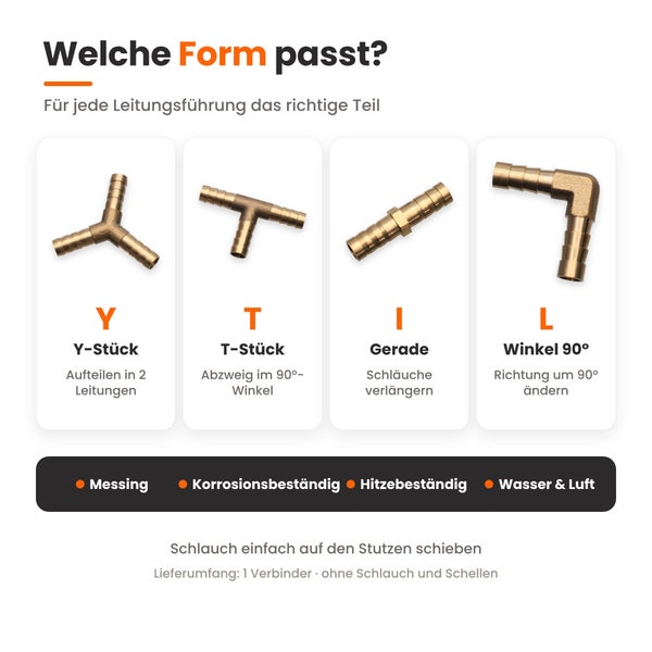 Übersicht zu Messing Schlauchverbindern in Y Form, T Form, gerader Form und L Form als Winkel 90 Grad zur Verbindung von Wasser und Luft Leitungen.
