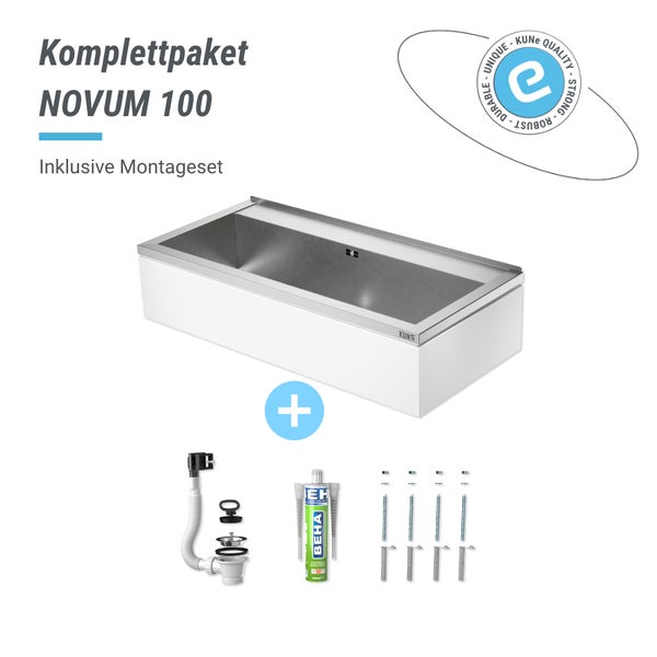 KUNe NOVUM 100 Edelstahl-Ausgussbecken Komplettpaket mit weißer Verkleidung, Ablaufgarnitur, Dichtstoff, Montageset und KUNe Logo.