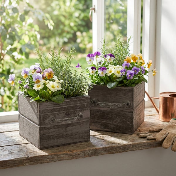 Zwei quadratische Pflanzkisten aus Holz mit Blumen und Kräutern auf einem Fensterbrett platziert.