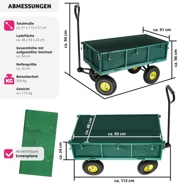 Bollerwagen tectake  Belastbarkeit 350 kg mit klappbaren Seitenwänden grün
