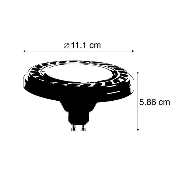 Maßzeichnung eines AR111 LED-Leuchtmittels mit einem Durchmesser von 11,1 Zentimetern und einer Höhe von 5,86 Zentimetern.