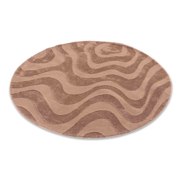 Runder Teppich in Taupe mit modernem Wellenmuster und Hoch-Tief-Struktur.