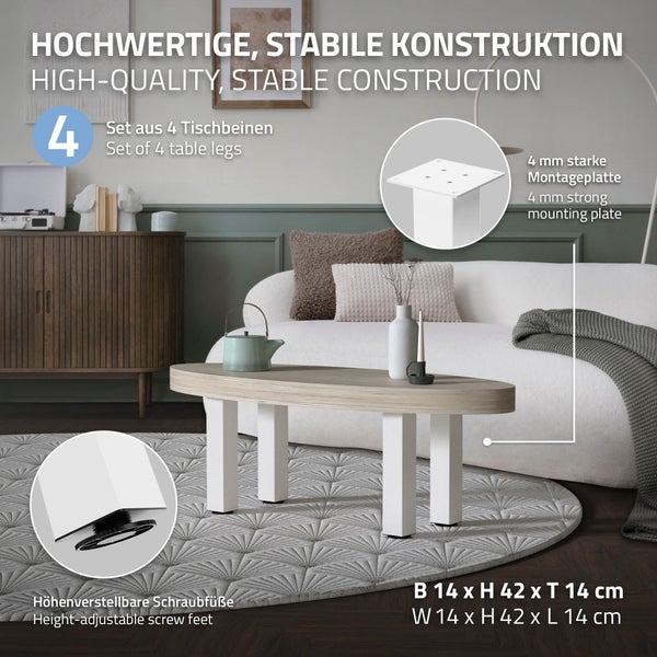 ML-Design 4er Set Tischbeine I-Design 42 cm, Weiß glänzend, aus pulverbeschichtetem Stahl, eckig, Profil 8x8 cm, Höhenverstellbare Möbelfüße 1-4 cm, Möbelbeine für Couchtische, Bänke, TV-Möbel