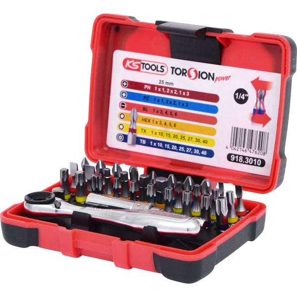 Bit-Satz mit Ratsche im geöffneten roten Koffer von KS Tools