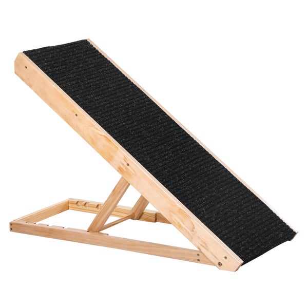 PawHut Haustierrampe mit rutschfestem Teppich verstellbarer Haustierleiter Hunderampe für großen Hund Kiefernholz Polyester Schwarz+Naturholz 90B x 40T x 61H cm