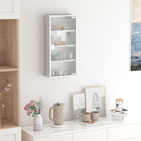 HOMCOM Medizinschrank Arzneischrank Erste Hilfe Schrank mit Schloss Edelstahl 30 x 12 x 60 cm