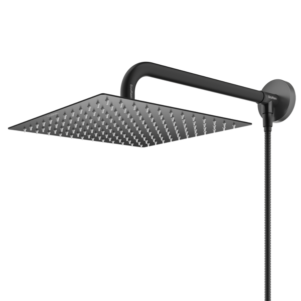 EcoRain Wassersparender Regen Duschkopf Tyler 30 CM Schwarz mit Duscharm und Schlauchanschluss - 30% Wassereinsparung -Wassersparender Kopfbrause- Rechteckig - Universal - Verbrühungsschutz-Duschkopf