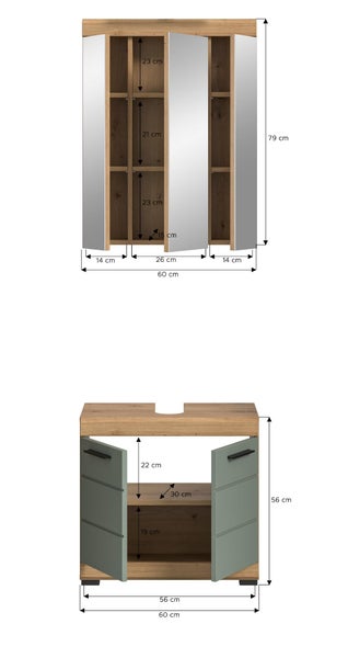 Spiegelschrank und Waschbeckenunterschrank mit Maßangaben in Zentimeter, Breite 60 Zentimeter, Höhe 79 und 56 Zentimeter.