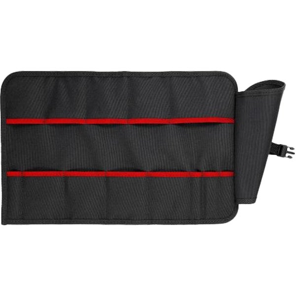Schwarze Werkzeugrolltasche aus Textil mit roten Akzenten und Steckfächern für Werkzeuge, ungerollt dargestellt.