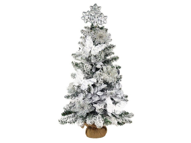 Künstlicher Weihnachtsbaum mit Kunstschnee Dekoration Schmetterlingen und Schneeflocken im Jutesack