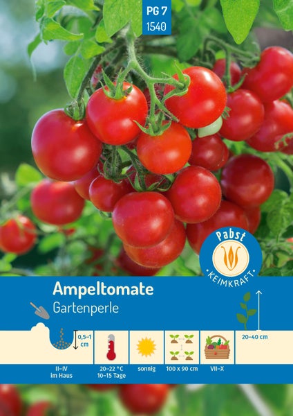 Ampeltomate Gartenperle Saatgut mit Abbildung roter Kirschtomaten an der Pflanze sowie Symbolen für Aussaat, Standort und Erntezeit.