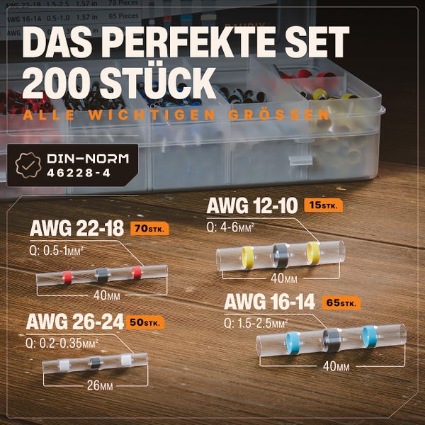 BAURIX® Lötverbinder Set [200 Stück] I IP67 Schrumpfverbinder für wasserdichte Kabel-Verbindungen I Kabelverbinder Set, Stoßverbinder