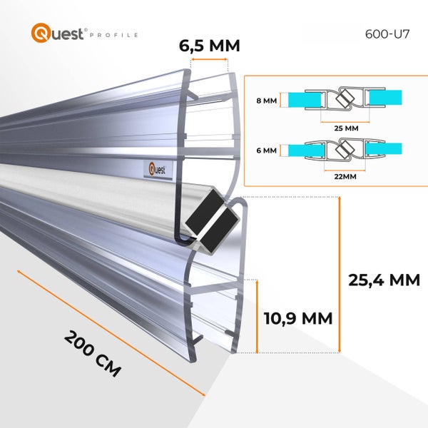 Transparente Magnetdichtung Quest 600-U7, 200 Zentimeter lang, für 6 Millimeter und 8 Millimeter Glas, mit 6,5 Millimeter Spalt.