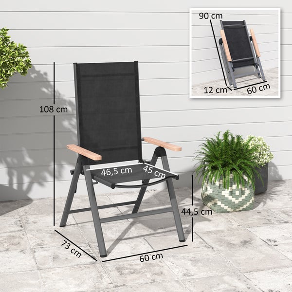 Outsunny Gartenstuhl aus Stahl Klappstuhl mit Armlehnen klappbar Balkonstuhl Campingstuhl 120kg Belastbarkeit Hochlehner Terrassenstuhl für Garten, Balkon, 60 x 73 x 108cm Schwarz
