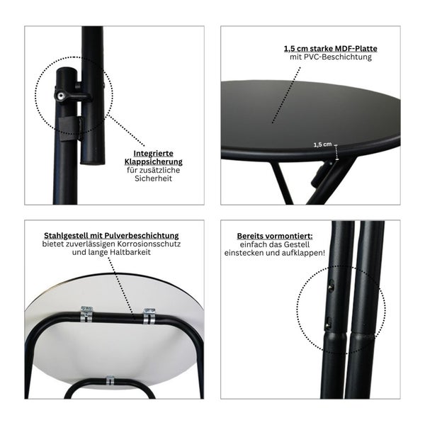 Details eines Klapptisches mit MDF Platte, Pulverbeschichtung und Klappsicherung