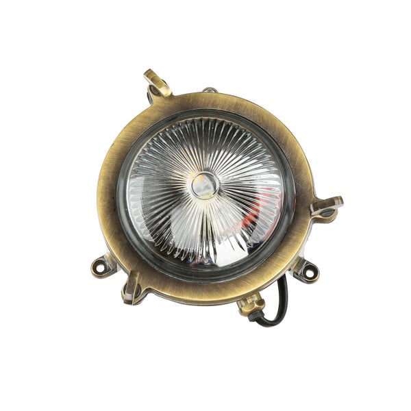 Runde Schiffslampe mit klarem, geriffeltem Glas und Metallgehäuse