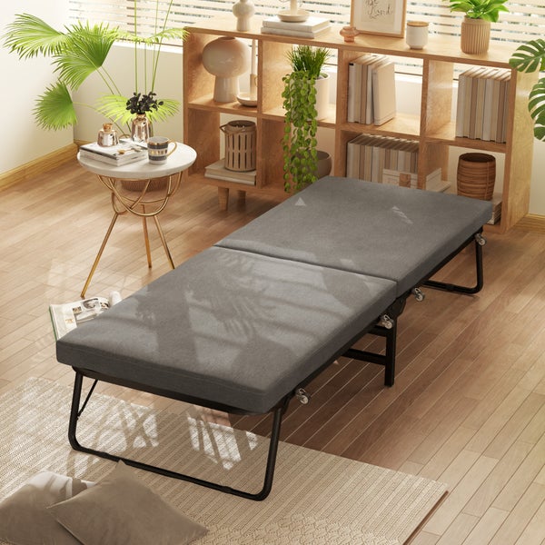 HOMCOM Klappbett 70 x 190 cm Gästebett klappbar mit 7cm Schaumstoff Matratze, verstellbares Rückenlehne, Reisebett mit Rollen, Leinenoptik für Büro, Gästezimmer, Dunkelgrau