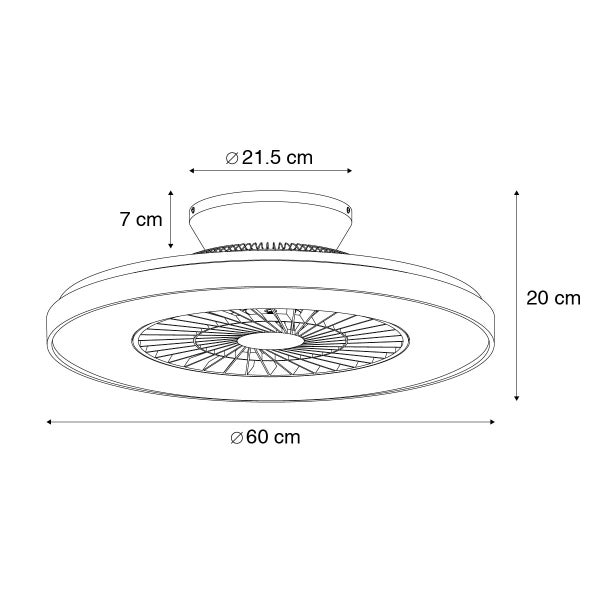Technische Zeichnung eines Deckenventilators mit Licht. Durchmesser 60 Zentimeter, Höhe 20 Zentimeter, Baldachin 21,5 Zentimeter.