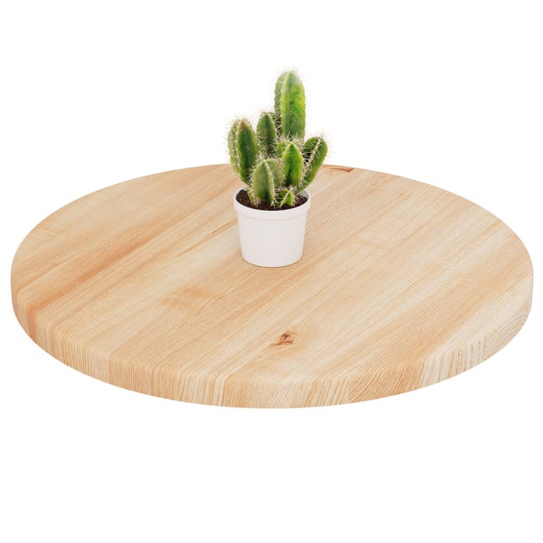 Runde Tischplatte aus Massivholz mit einem kleinen Kaktus im weißen Topf.