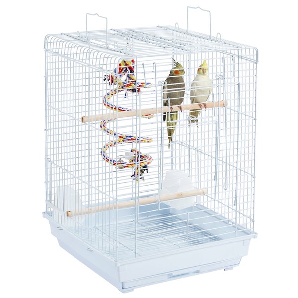 Vogelkäfig mit zwei Nymphensittichen, Sitzstangen und Spielzeug