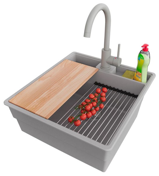 Spüle mit Abtropfgitter, Schneidebrett, Armatur und Spülmittel
