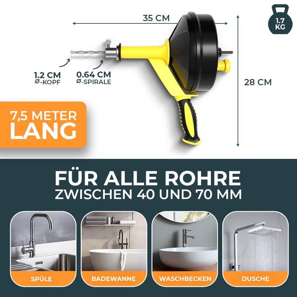 Abflussspirale mit den Maßen 35 x 28 cm, 7,5 Meter lang, 1,7 Kilogramm schwer, geeignet für alle Rohre zwischen 40 und 70 Millimeter, Anwendungsbeispiele Spüle, Badewanne, Waschbecken und Dusche