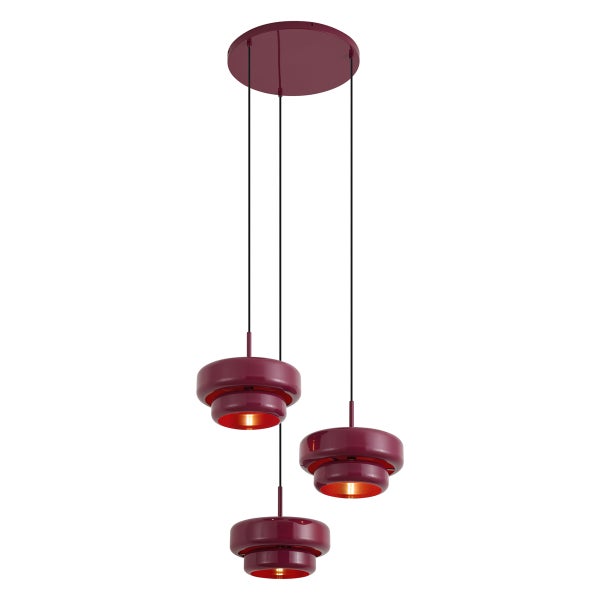 Moderne dreiflammige Pendelleuchte mit Metallschirmen in runder Anordnung für die Innenbeleuchtung.