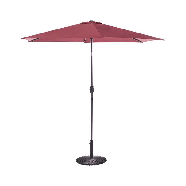 Rechteckiger weinroter Sonnenschirm mit Mittelmast, Knickfunktion und dunklem Standfuß.
