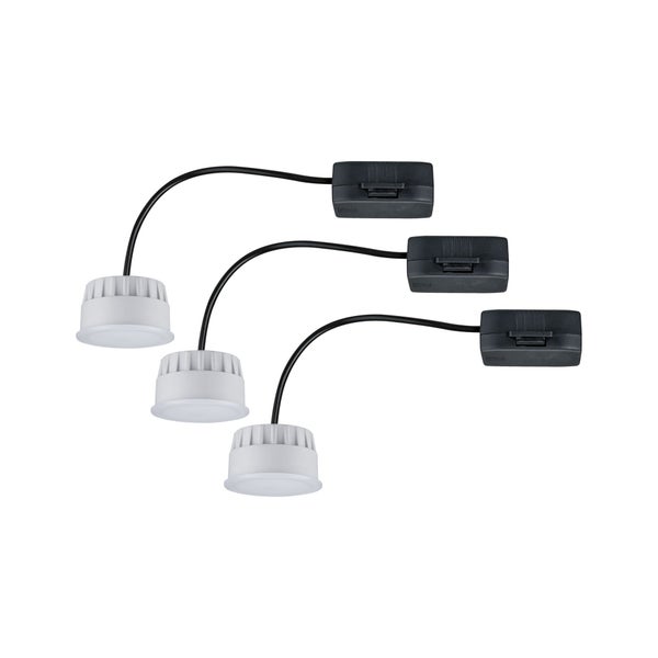Drei LED Einbauleuchten mit schwarzem Kabel und schwarzem Verteiler