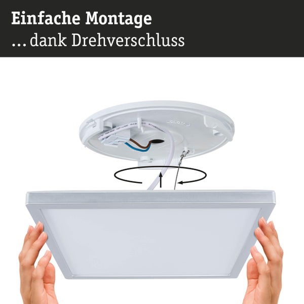 Einfache Montage eines quadratischen LED-Panels mit einem praktischen Drehverschluss an der Deckenhalterung.