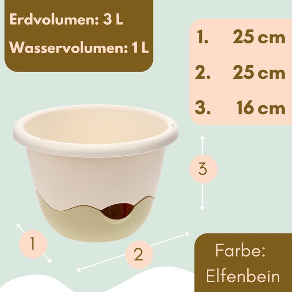 Elfenbeinfarbener Blumentopf mit Größenangaben für Erd- und Wasservolumen