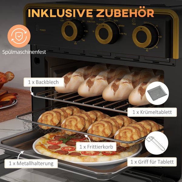 HOMCOM Minibackofen 20L, 5 in 1 Pizza-Ofen inkl. Backblech Set, 1 Std. Timer, 90-230℃, 1400 W, 36L x 37,7B x 34,5H cm, Stahl, Hartglas, Edelstahl, Metall, Schwarz