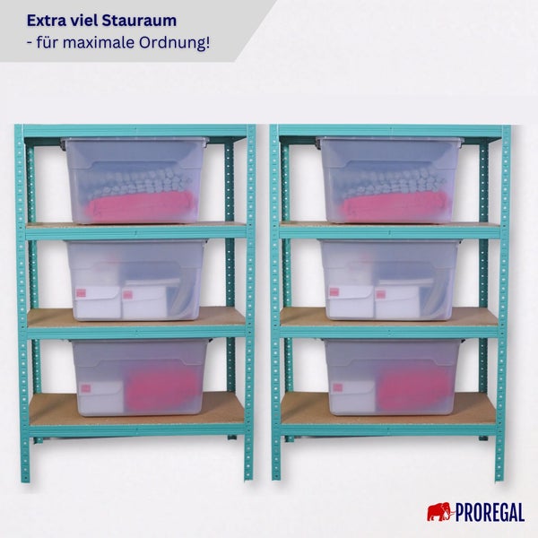Zwei Regale mit transparenten Aufbewahrungsboxen von Proregal für maximale Ordnung