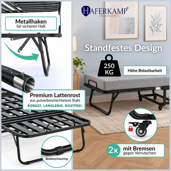 Haferkamp Klappbett aus pulverbeschichtetem Stahl mit Lattenrost, Metallhaken, Bodenschutzringen und zwei feststellbaren Rollen.