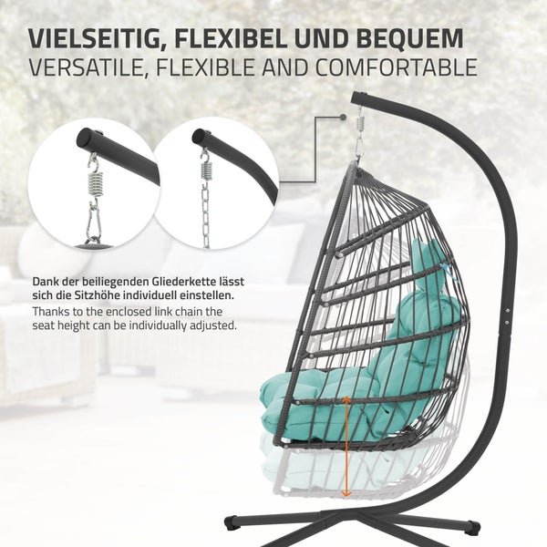 ECD Germany Hängesessel mit Gestell und Kissen + Deckenhalterung, Türkisgrün, Rattan-Optik, Stahl, höhenverstellbar & faltbar, Indoor/Outdoor, Hängestuhl Hängekorb Hängeschaukel Hängesitz, für Garten