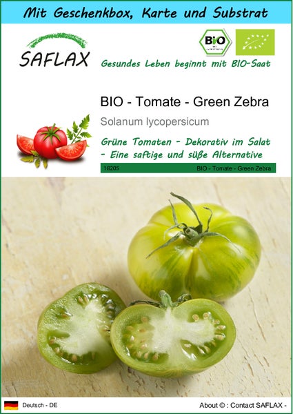 SAFLAX Geschenk Set - BIO - Tomate - Green Zebra - Solanum lycopersicum - 10 Samen - Mit Geschenkbox, Versandaufkleber, Geschenkkarte und Anzuchtsubstrat