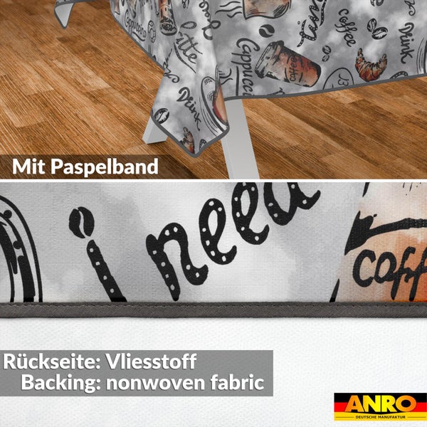 Wachstuch-Tischdecke mit Kaffee-Motiv, Paspelband und Vliesrückseite. ANRO Logo.