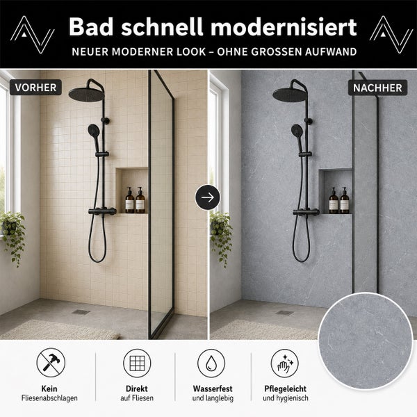 Vorher-Nachher-Vergleich einer Badsanierung mit grauen Wandpaneelen in Marmoroptik, direkt über Fliesen montiert, wasserfest und pflegeleicht.