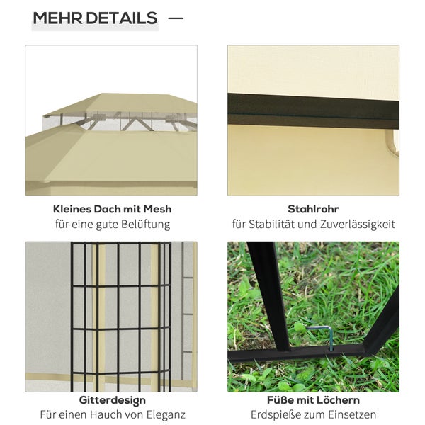 Detailansicht eines Pavillons: kleines Dach mit Netz, Stahlrohrrahmen, Gitterdesign und Füße mit Löchern für Erdnägel