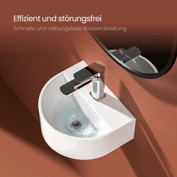 EMKE U-förmiges Handwaschbecken 303 x 255 mm, Keramik, Glänzend Weiß, Wandwaschbecken, mit Wasserhahnbohrung, für Badezimmer und Gäste-WC, Höhe: 12 cm