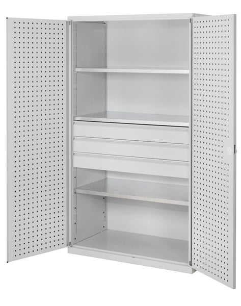 Werkstattschrank mit Regalböden und Schubladen, Türen geöffnet
