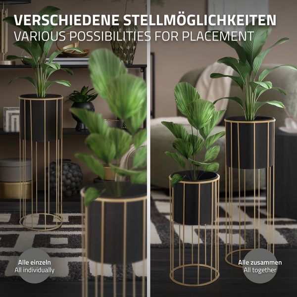 ML-Design Blumenständer 2er Set, Schwarz-Gold, 21x46,7/24x70,5 cm, rund, Stahl, Blumentopfständer mit Übertopf, Metall Pflanzenständer, Blumentopfhalter 2-tlg, Pflanztopf Deko Blumensäule Blumenhocker