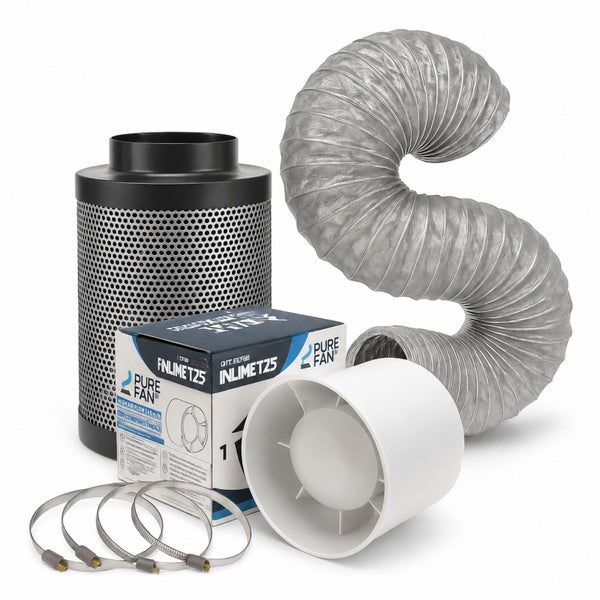 Lüftungsset bestehend aus Aktivkohlefilter, Rohreinschubventilator, flexiblem Abluftschlauch und drei Schlauchschellen.