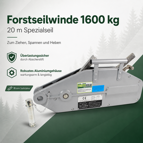 Trutzholm Forstseilwinde 1600 kg mit 20 m Spezialseil, robustes Aluminiumgehäuse, Überlastungsschutz, zum Ziehen, Spannen und Heben.