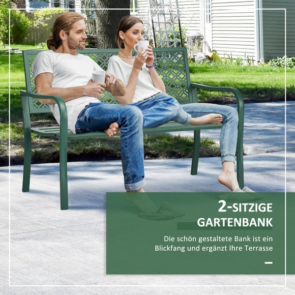 Outsunny Gartenbank Stahl, 2-Sitzer Parkbank mit Rückenlehne & Armlehne, Sitzbank mit Blumenmuster, 127 x 63 x 83 cm, Stahl, Dunkelgrün