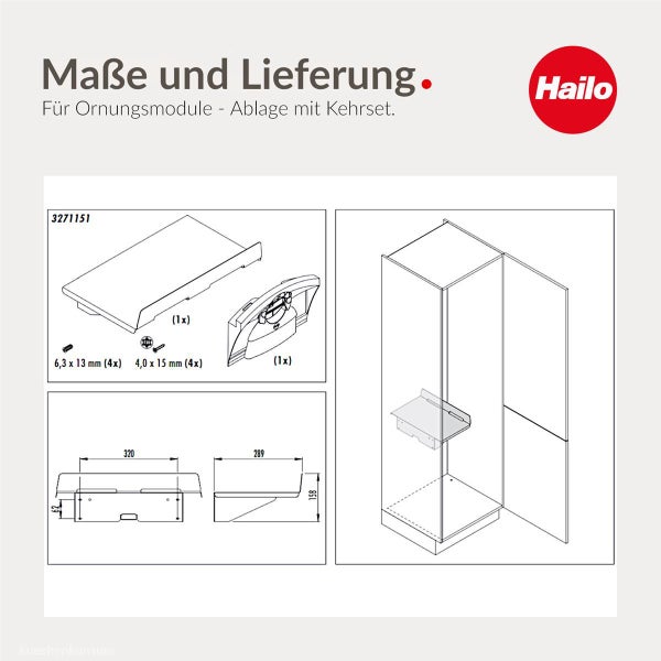 Hailo Ablage mit Kehrset: Technische Zeichnung mit Lieferumfang und Maßen 320 mal 289 mal 158 Millimeter. Enthält Zubehör und Schrauben. Hailo Logo.