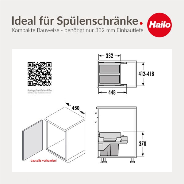 Hailo Logo. Infografik für Einbau-Abfallsammler für Spülenschränke mit Zeichnungen, Einbautiefe 332 Millimeter und QR-Code für Montagevideo.