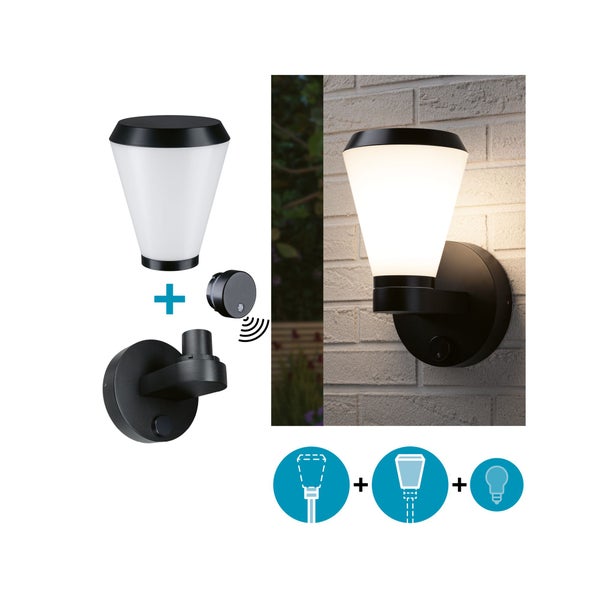 ModuShine Leuchten Baukastensystem zur individuellen Kombination von Wandhalterung, Lampenschirm und Leuchtmittel für Gartenbeleuchtung.