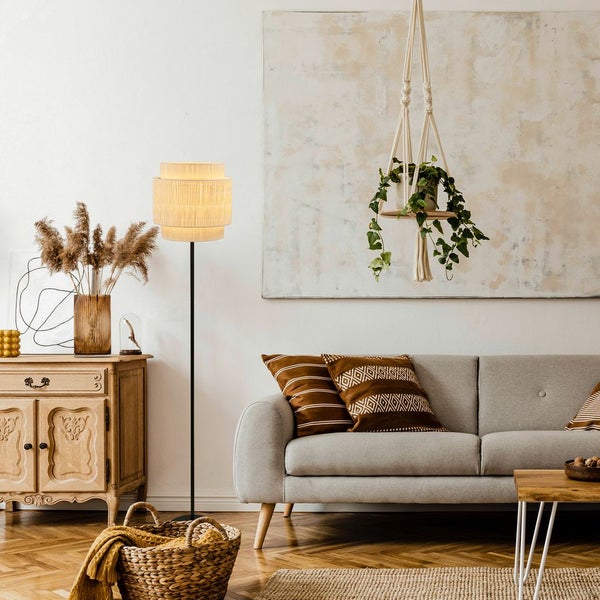Briloner Papper Stehlampe, Bastschirm, Ein/Aus Fußtaster, Boho-Stil, E27 Fassung, Natur, Ø30 x 165 cm