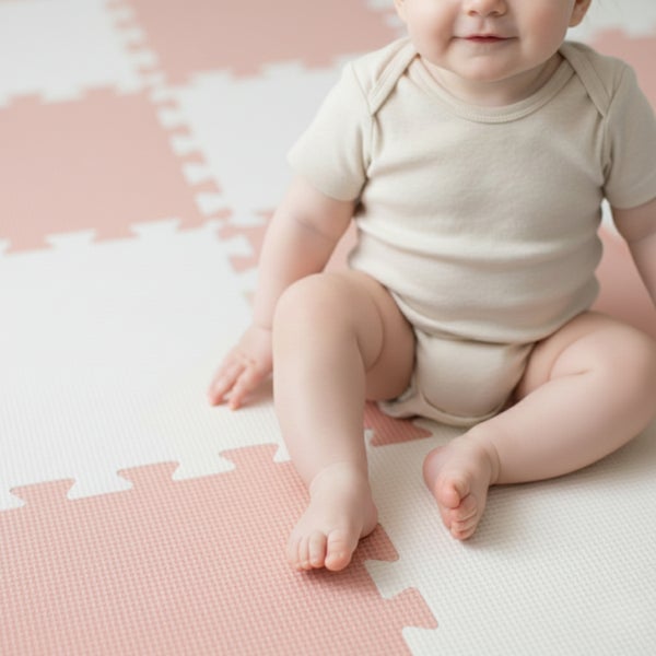 Baby sitzt auf einer Schaumstoff-Puzzlematte mit ineinandergreifenden Quadraten.